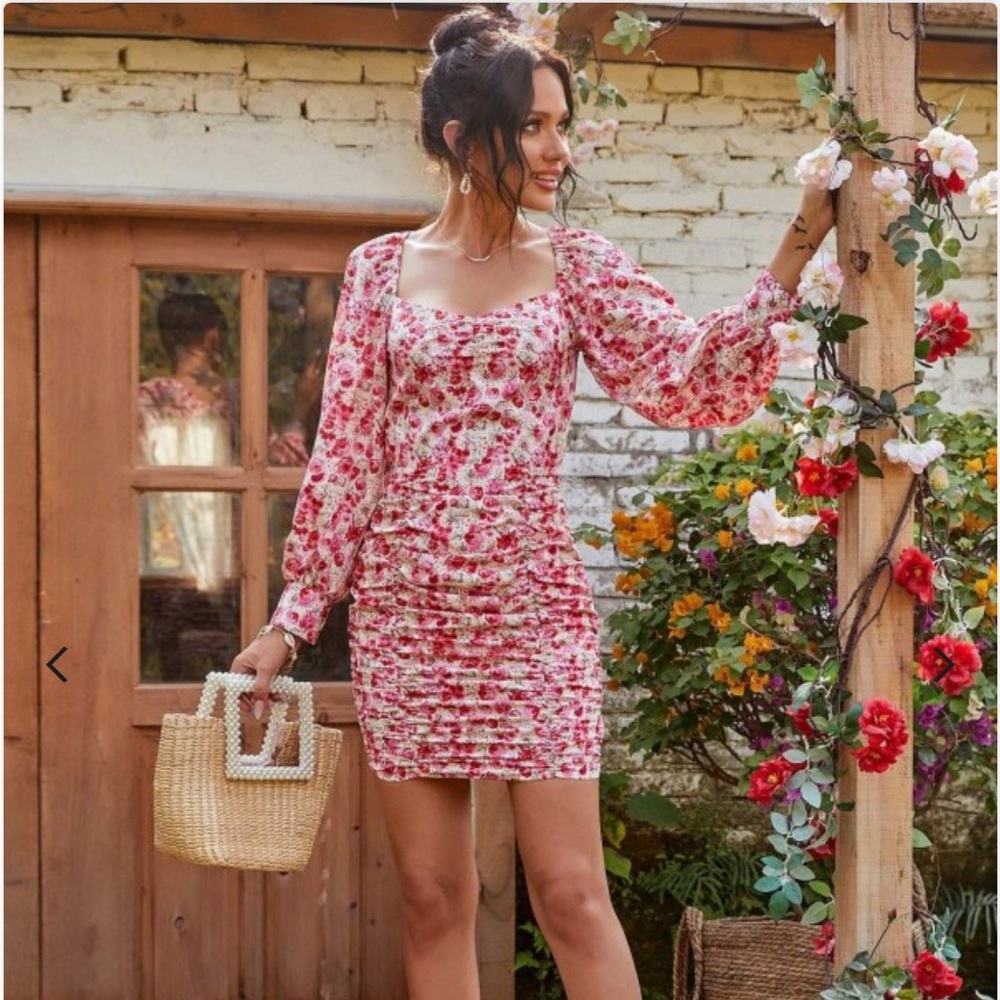 Nasty Gal Pink Vibrant Floral Balloon Sleeve Ruched Mini Dress Size 6